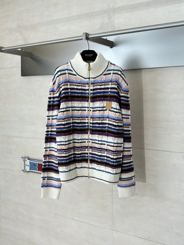 루이 스트라이프 케이블 니트 집업 자켓