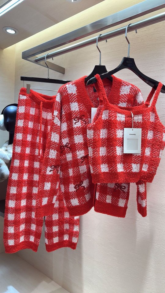 샤넬 반벨벳 워셔블 레드 체크 세트