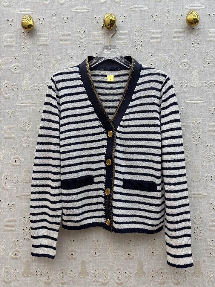 Sch 25 FW PU 가죽 믹스 V넥 스트라이프 가디건